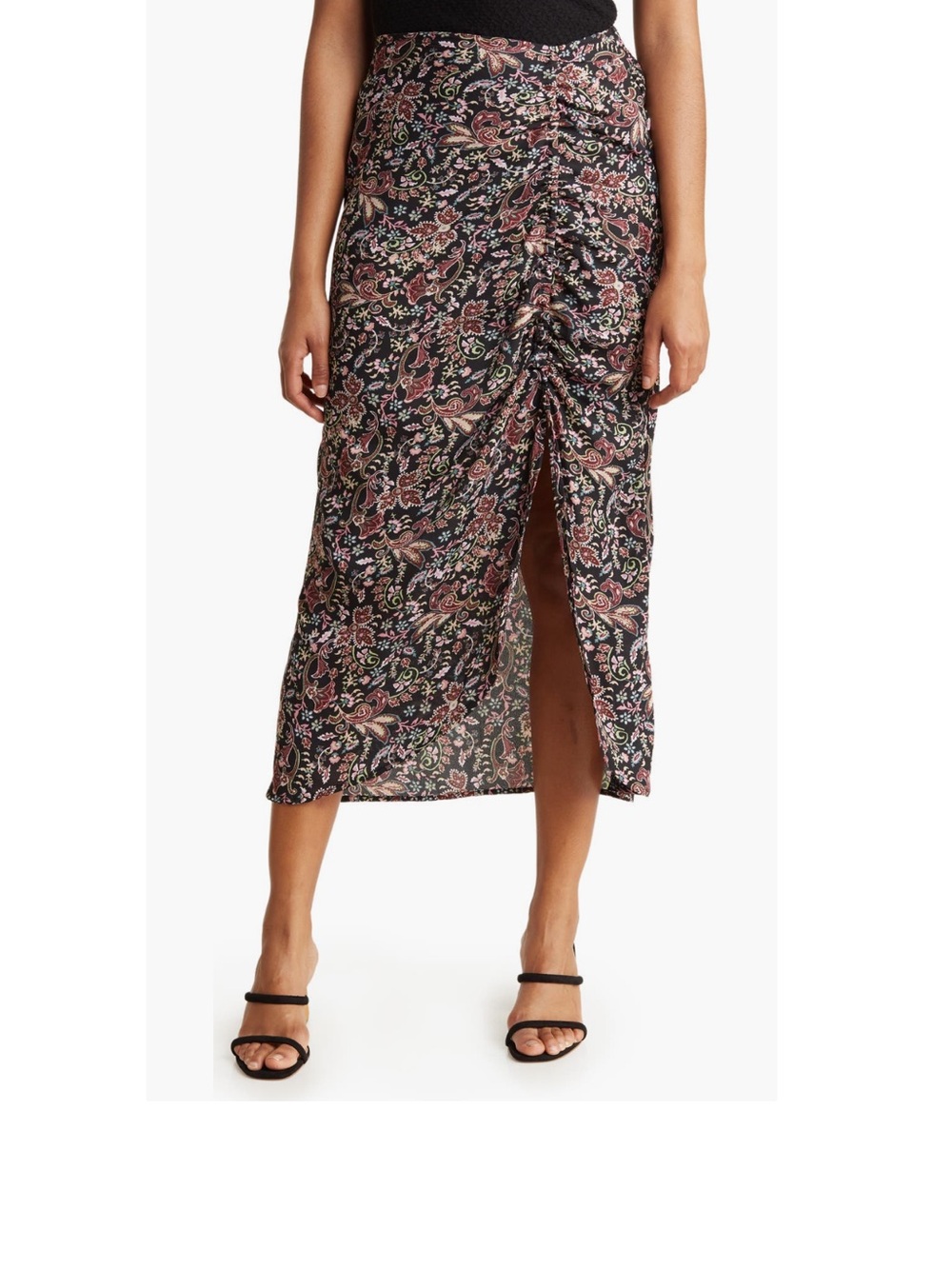 Chenault Black Midi Skirt with Pink Paisley Print